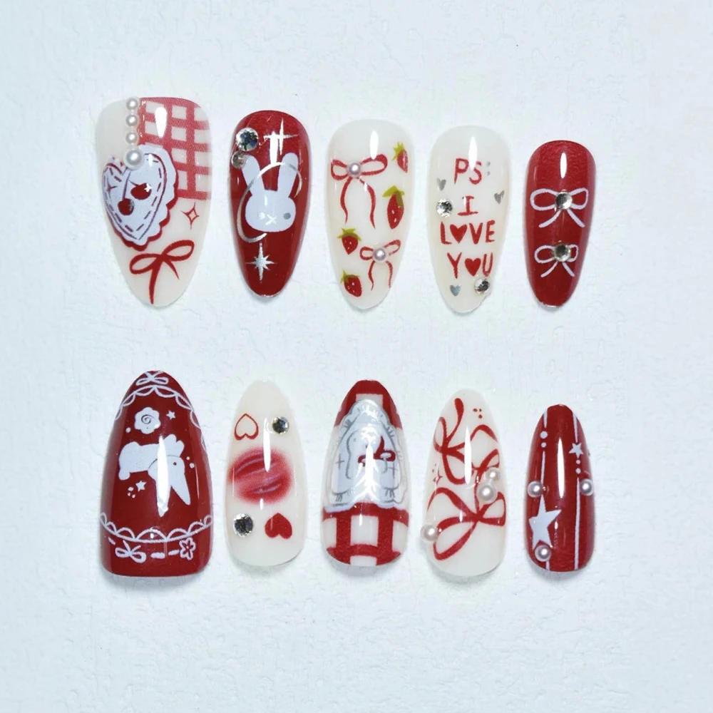 30 pièces papillon dessin animé lapin presse sur ongles moyen amande faux vin rouge amande strass perle conception bricolage ongles Y2K