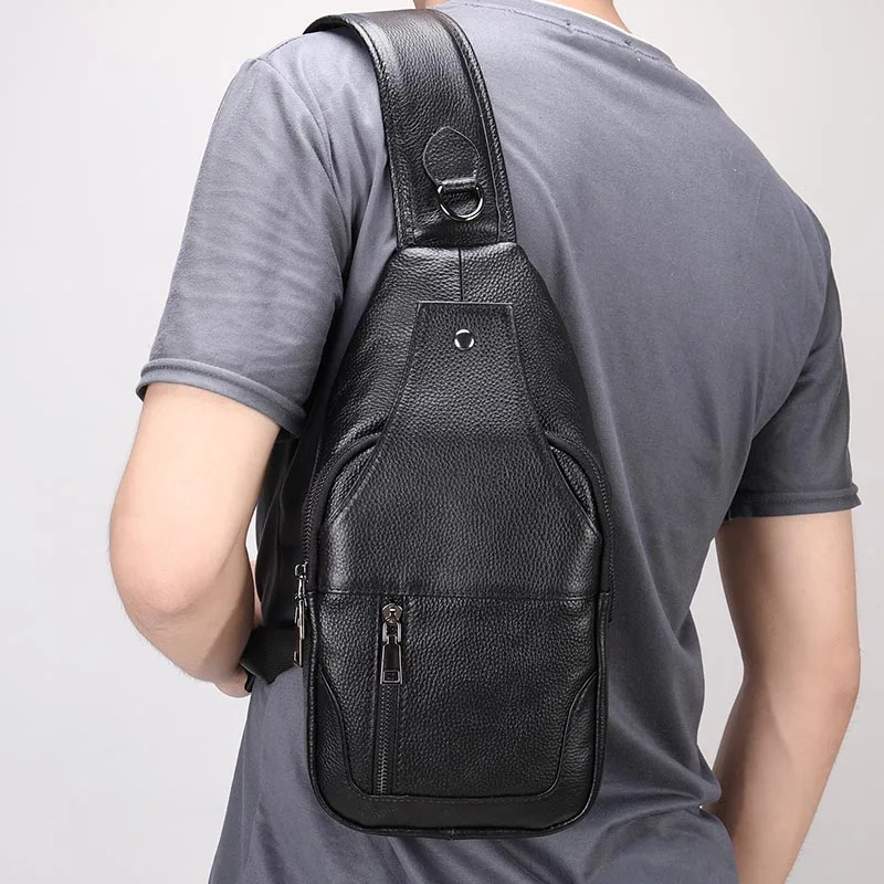 Luufan-Bolso de pecho de cuero genuino para hombre, Mini bolso de hombro de cuero de vaca suave, antirrobo, negro, con cinturón