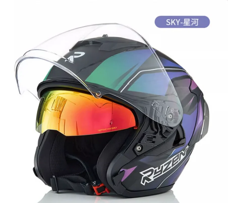 RYZEN Motorcycle Helmet 3/4 Helmet Double Lens Spring and Summer Male and Female Locomotive with Bluetooth Headphone Slot