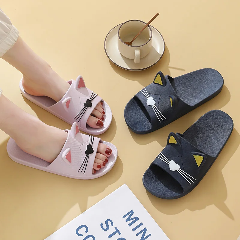 2024 Summer Women Soft Sole Slippers Home Bathroom PVC Slippers Sandal Polka Cute Cat Print Beach Slippers Couples Outdoor Shoes