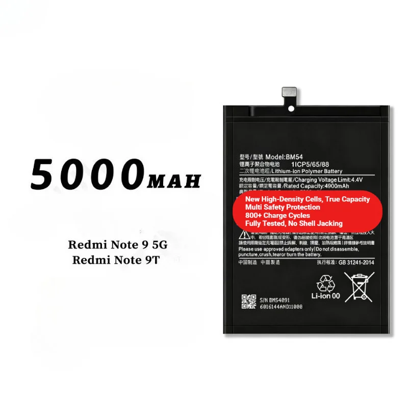 BM54 for Xiaomi Redmi Note 9 5G/Note 9T Phone Battery 0 Cycle  High Capacity Battery Replacement Bateria Grade A Cell with Tools