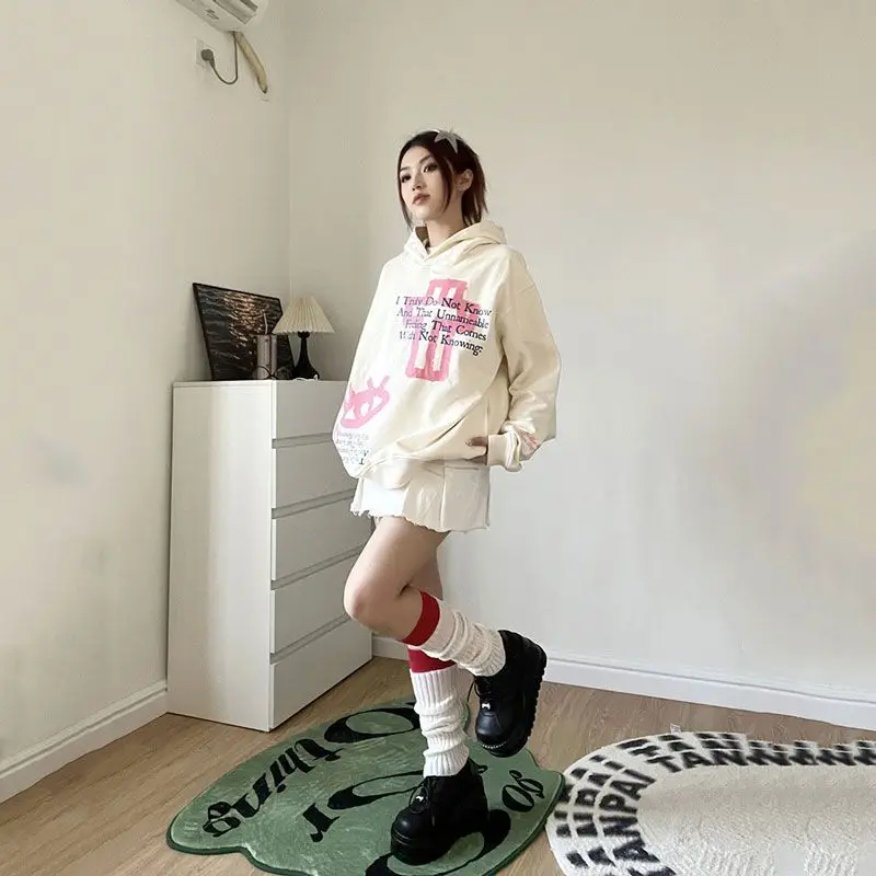 Off White Hoodies Pink Letter Printing Women's Sweatshirt Text Woman Clothing Baggy Hooded Top Loose Korean Fashion Aesthetic E