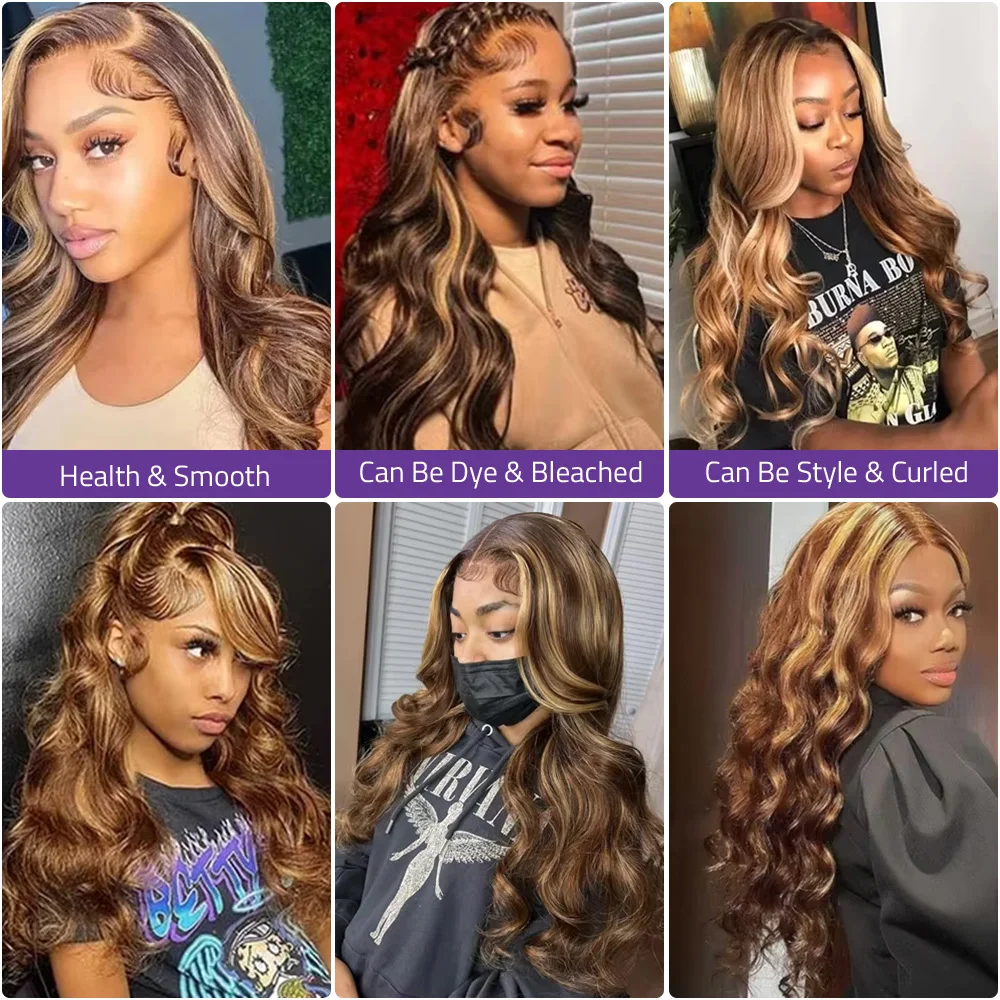 18 36 بوصة تسليط الضوء على 4/27 العسل شقراء الجسم موجة الدانتيل أمامي باروكة من شعر طبيعي 13x4 13x6 HD الدانتيل الجبهة خصلات الشعر المستعار الإنسان للنساء
