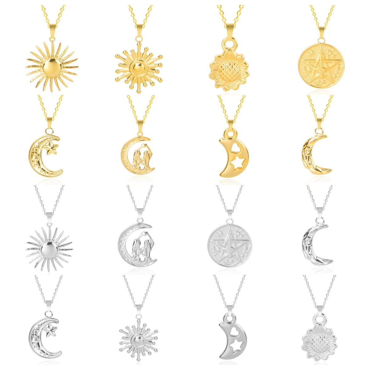 3pcs Temperament Stainless Steel Real Gold Plated The Sun Moon And Stars Charm Necklace 3 Color Long Chain Sweater Chain Gift