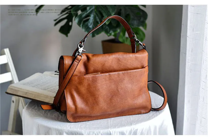 Casual handmade genuine leather women's handbag simple designer fashion natural real cowhide party shoulder messenger bag