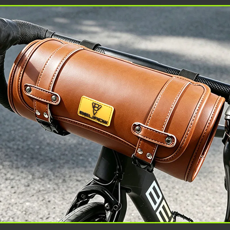 FMFXTRA 2.4L Retro Cylindrical Bicycle Handlebar Bag PU Synthetic Leather Vintage Bike Saddle Tail Bag 1220mm Detachable Shoulde