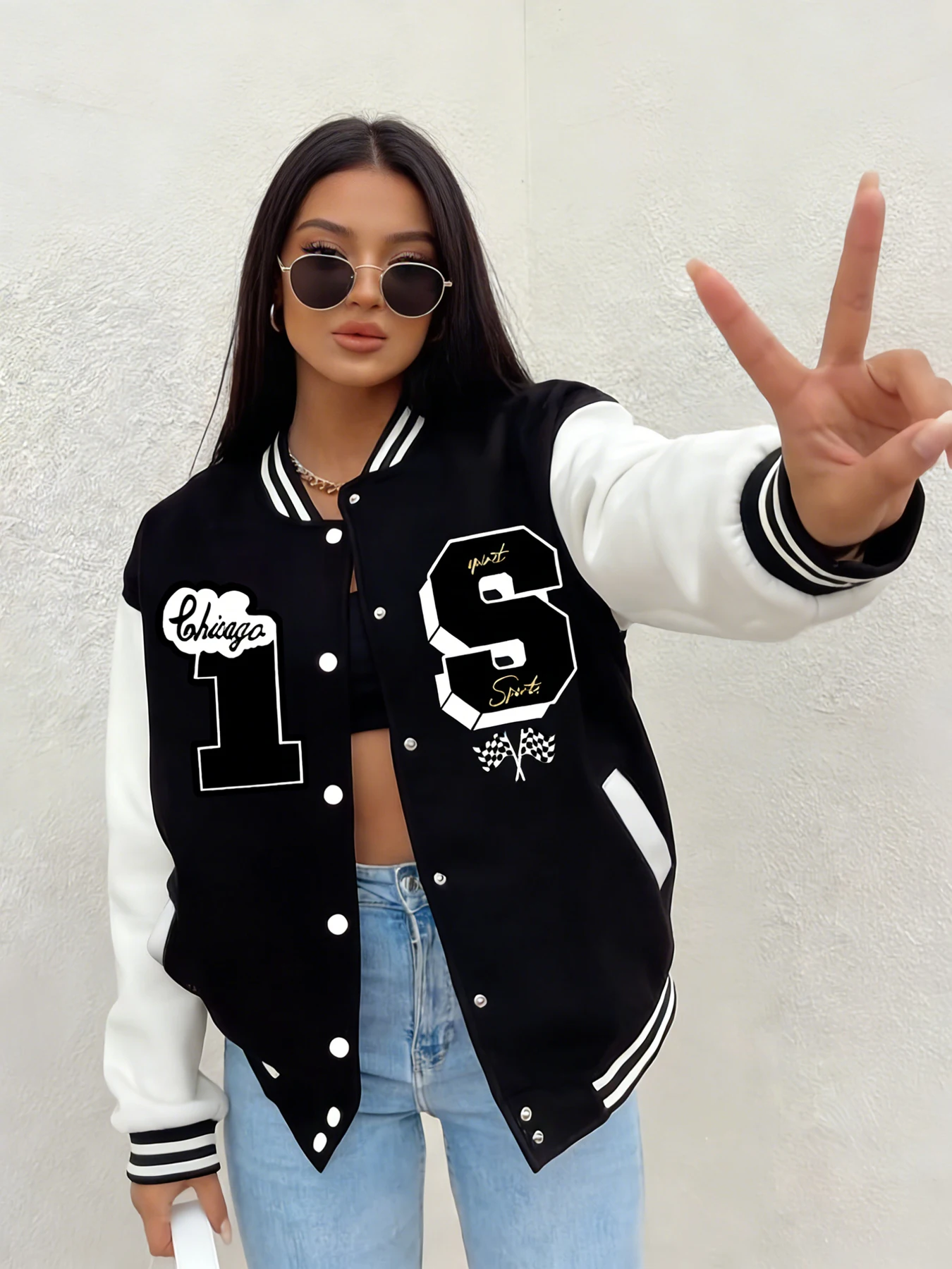 Women Chicago Number 1 Graphic Baseball Jacket Letter Print Loose Fit Varsity Coat Casual Street Fashion Daily Outfit Freece Top