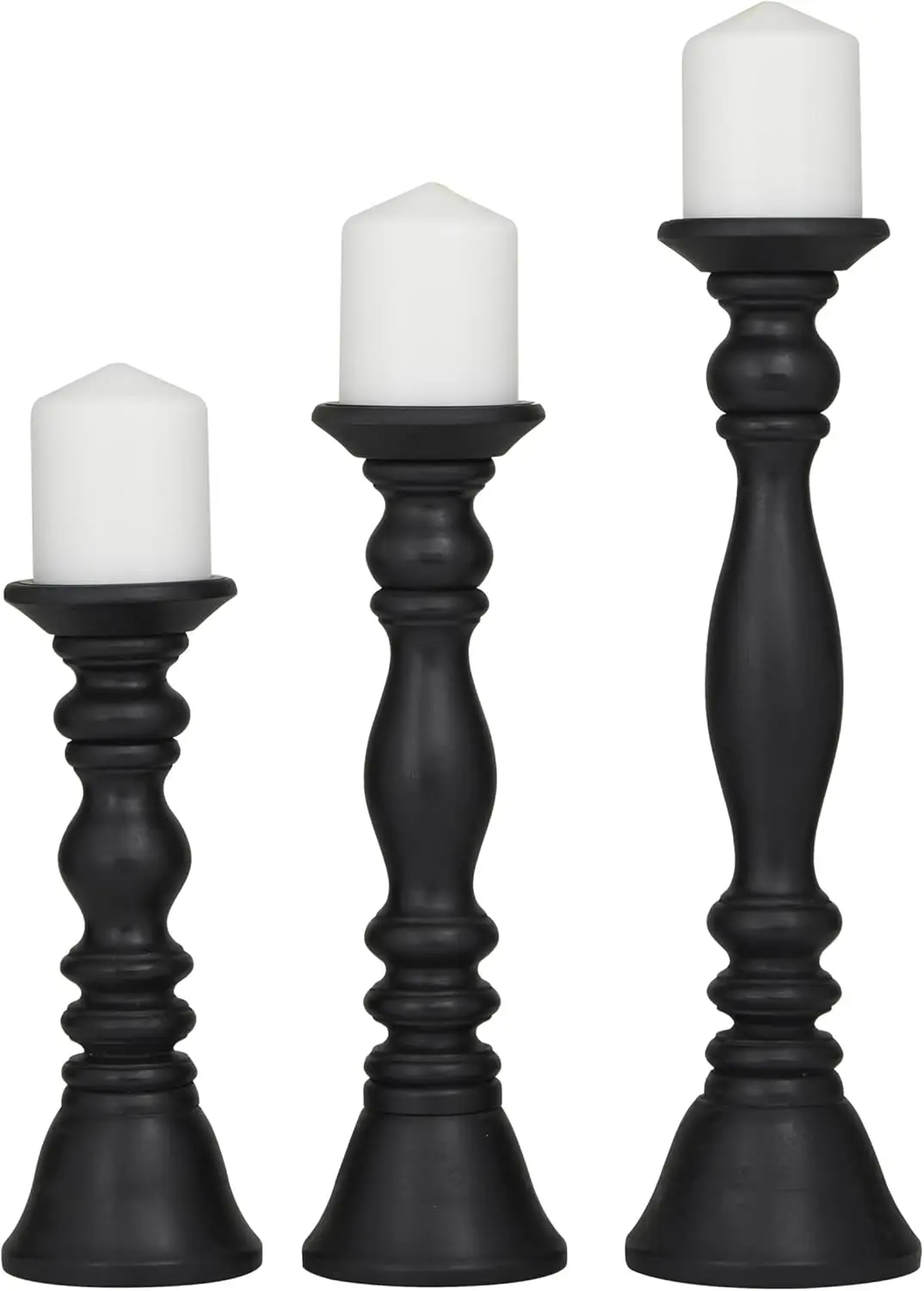 

Набор из 3 деревянных подсвечников, вращенное вращенное деревянное основание для свечей, черный цвет, 18, 15, 12 дюймов
