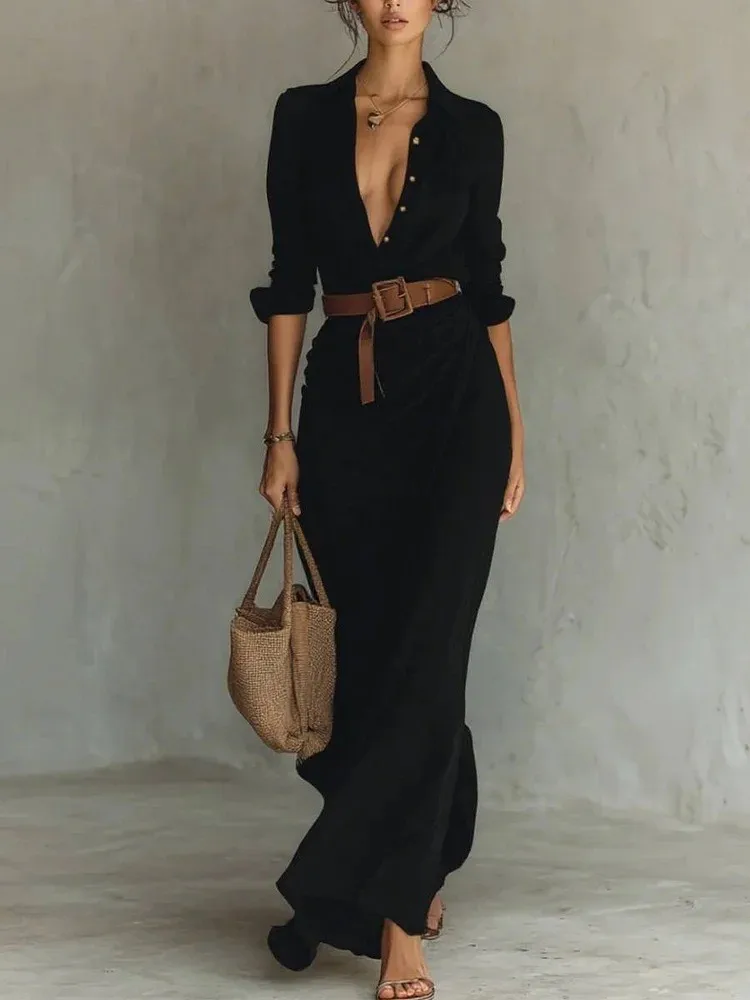 

Womens Fashion Sexy Deep V-neck Button Long Dresses Autumn Elegant Solid Holiday Party Dress Casual Long Sleeve Belt Shirt Dress