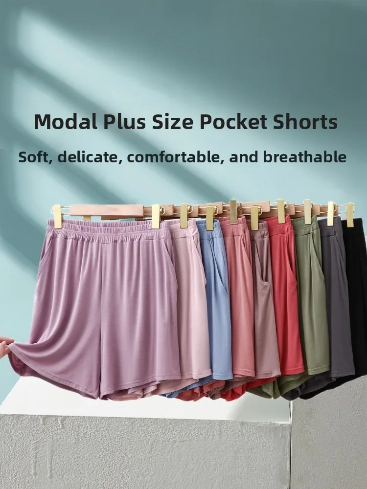 

plus Size Shorts Women Summer Modal Thin Casual Loose Sleepwear Home Leisure Pants High Waist Wide Leg Pocket Design