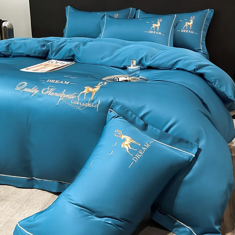 

Embroidery Bedding set Egyptian cotton 600TC quilt cover soft duvet cover Luxury flat/fitted bed sheet pillowcases