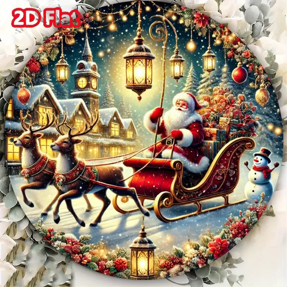 2D-Zoll-Weihnachtsschild „Vintage Santa & Reindeer“, Weihnachts-Eisenschild: Runde, festliche Wanddekoration – wiederverwendbare Urlaubskunst für Zuhause