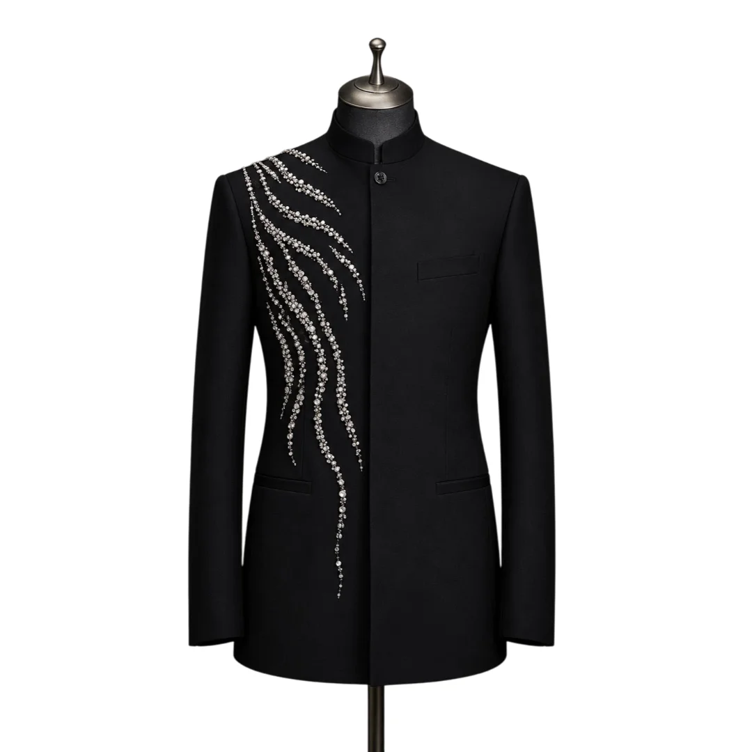 Elegant Black Mandarin Collar Men's Tuxedo Jacket with Asymmetrical Rhinestone Curved Lines Stage Performance Customized M264566 view 5