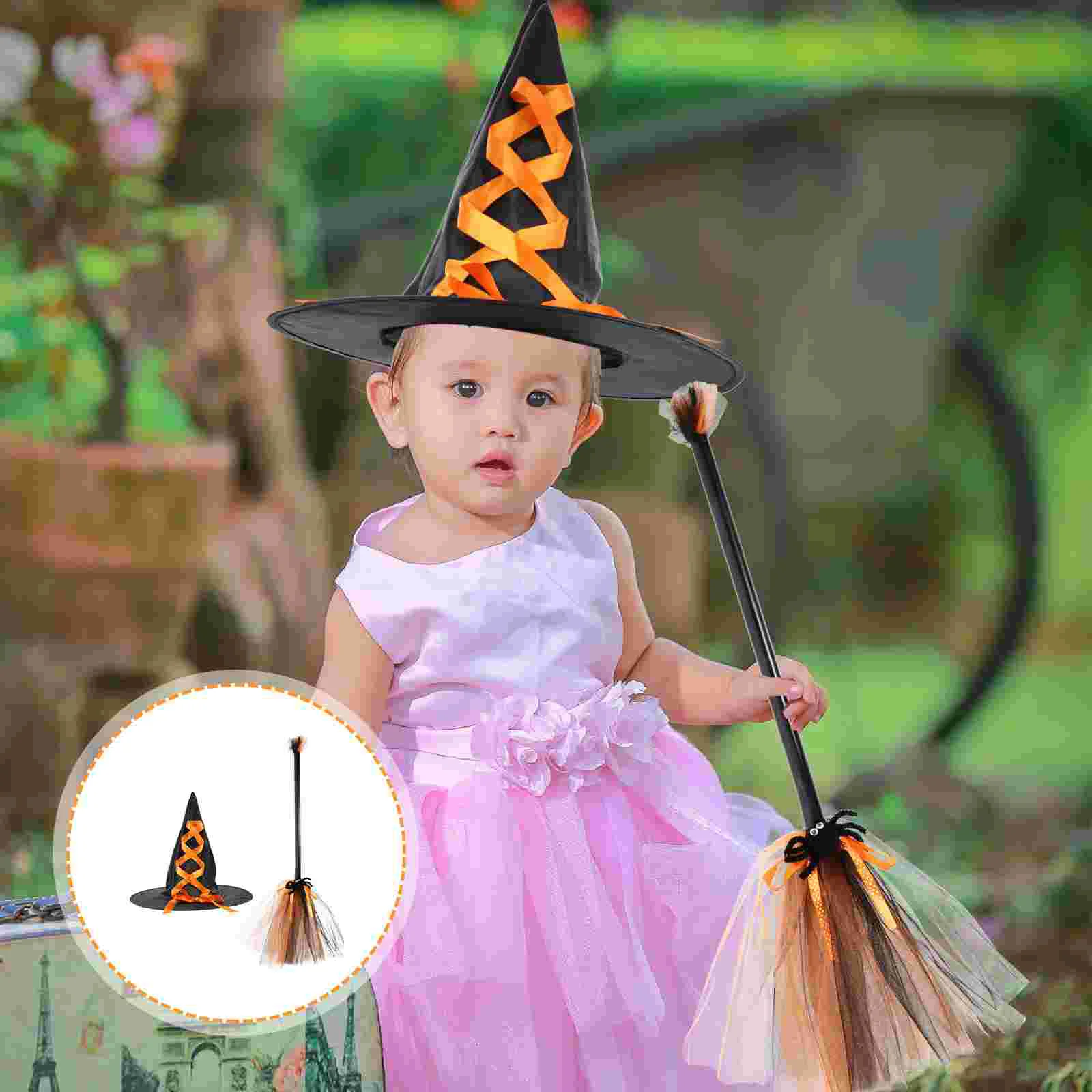 Spinnenkostüm für Kinder, Halloween-Hut, Hexenbesen, Hexen, Cosplay-Requisiten, Dekor, grün, Party-Zubehör-Set, Kind