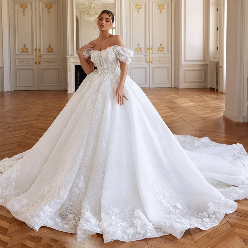 

Luxury Off Shoulder Bridal Ball Dress 3D Lace Decal A-line Princess Wedding Dress Romantic Bride Dress Customization