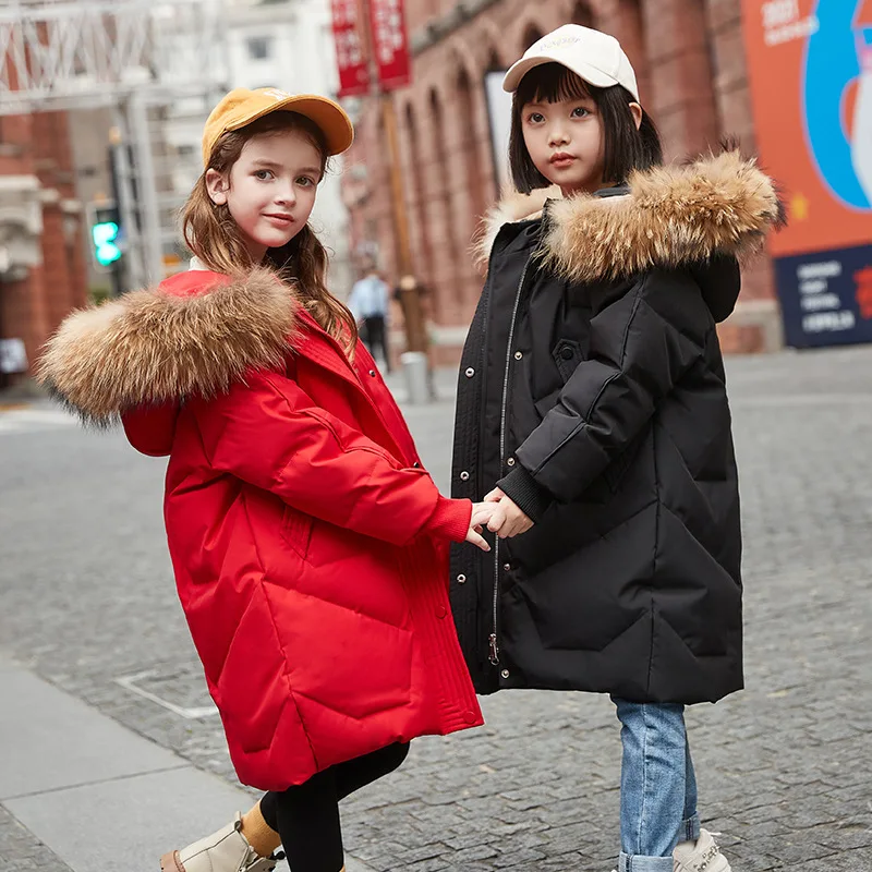 2025 Russia Winter Down Jacket For Girl Real Fur Thick Warm Hooded Long Children Teenage Girl Outwear Coat 5-14 Years Kids Parka