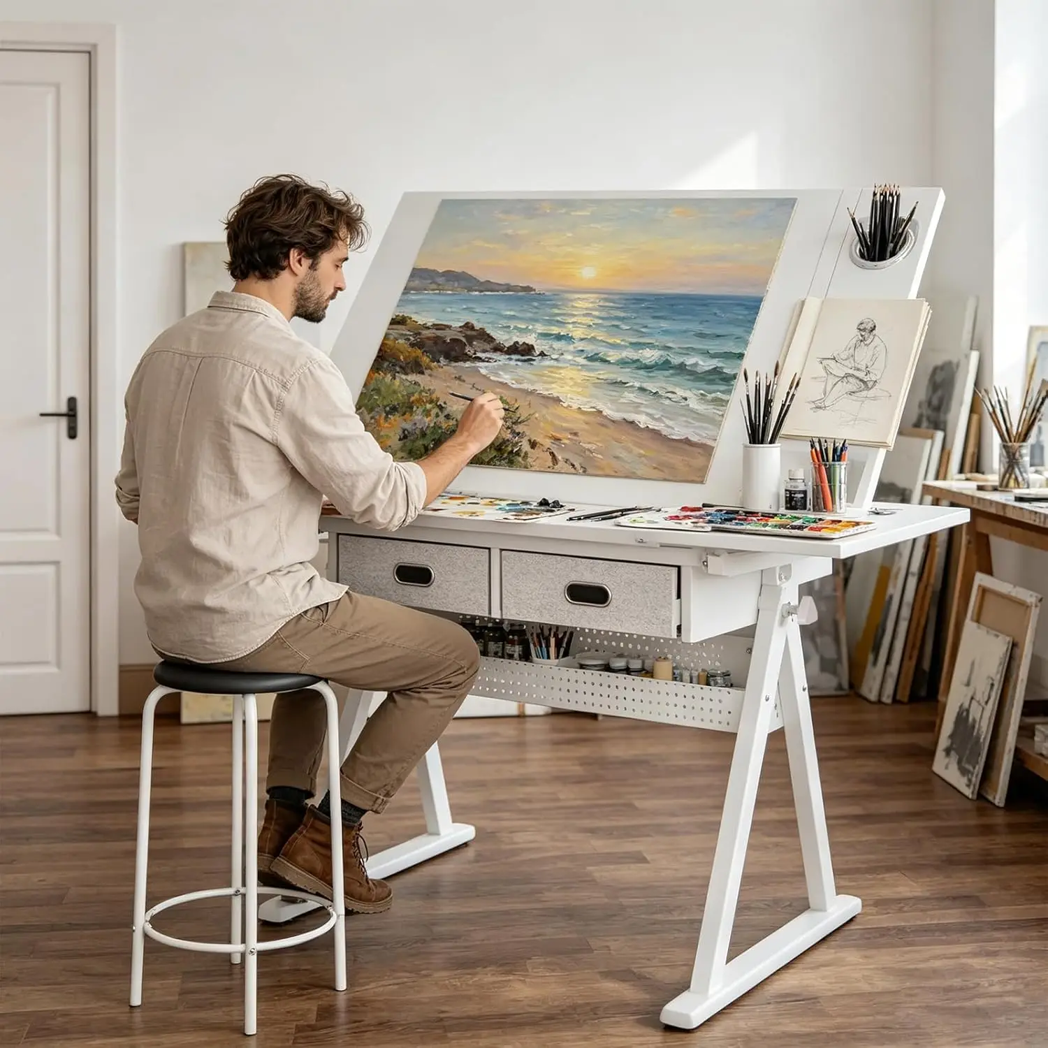 Adjustable Drafting Table Desk with Storage – Multi-Functional Art Desk for Adults, Drawing & Painting Table, Artist Desk & Drafting Table with Drawers, Art Table with Storage, White