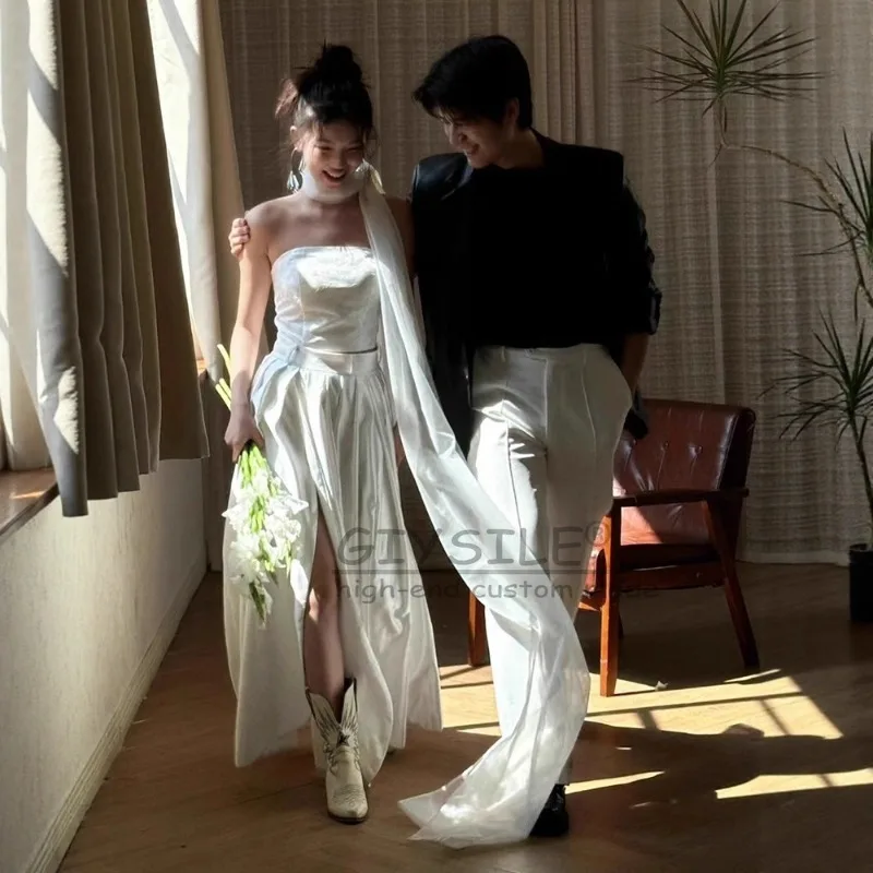 GIYSILE مخصص ثوب زفاف الضوء الأبيض 2025 موضة جديدة لواء النار مزاجه بسيط الساتان صديرية دائرية فساتين السهرة