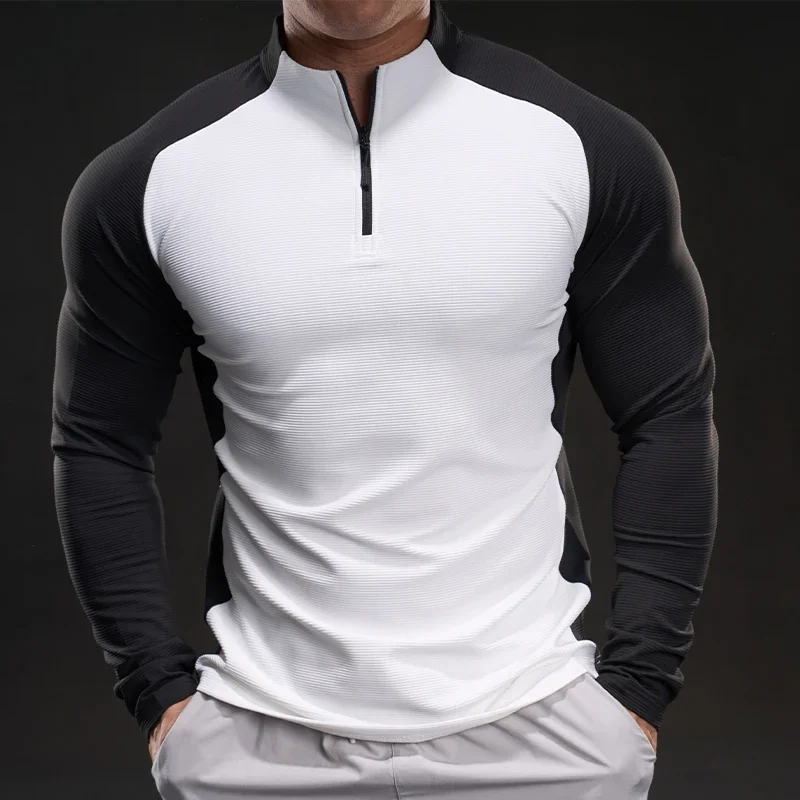 

Men Breathable Long Sleeves Spring New Color-Block Slim Stretch Outdoor Casual Jogging Quick Dry Top Men Fitness Sports T-Shirt