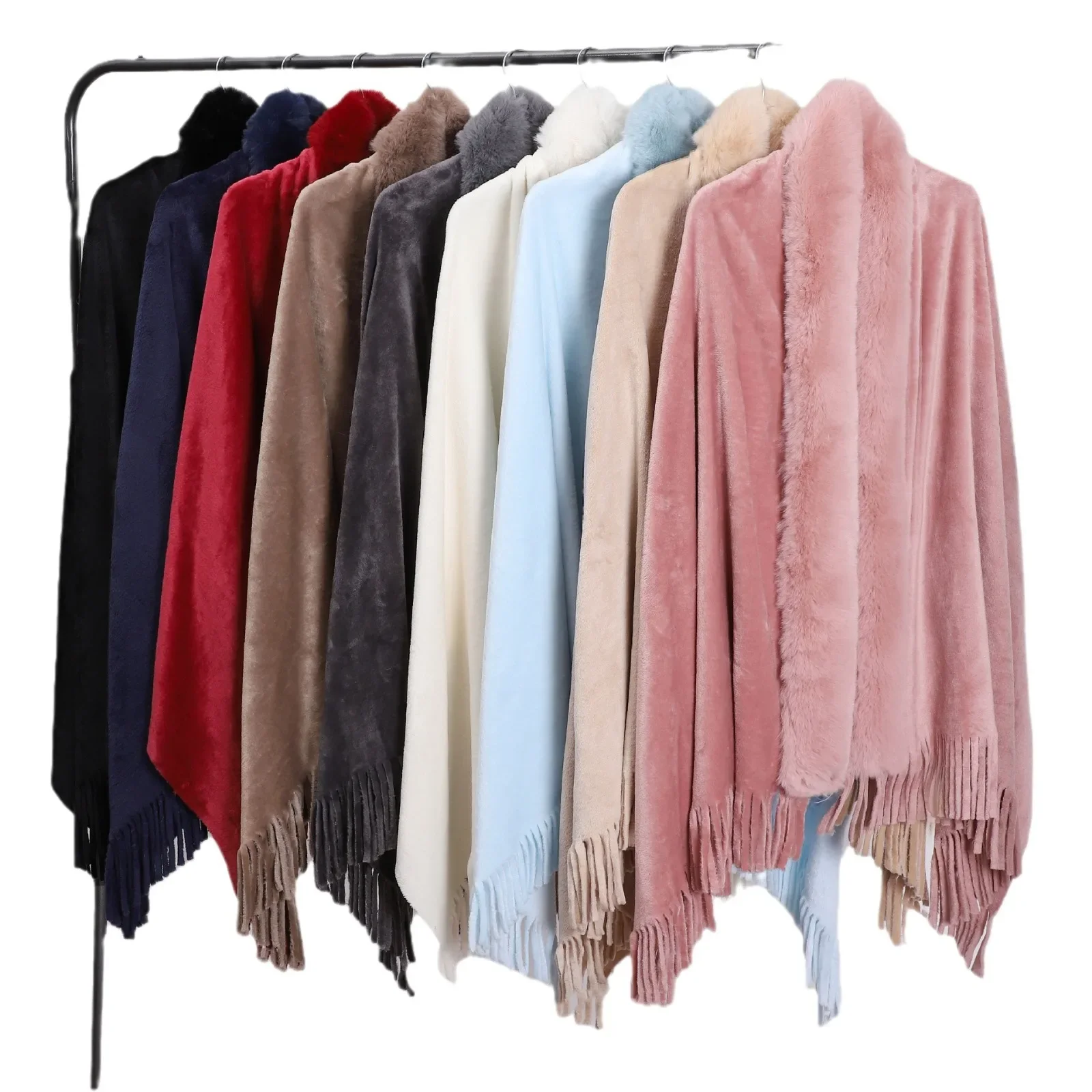 Winter New Double-sided Flannel Rex Rabbit Collar Fringe Large Shawl Fur Scarf Luxury Designer Shawl Scarve Wrap Chales Femme