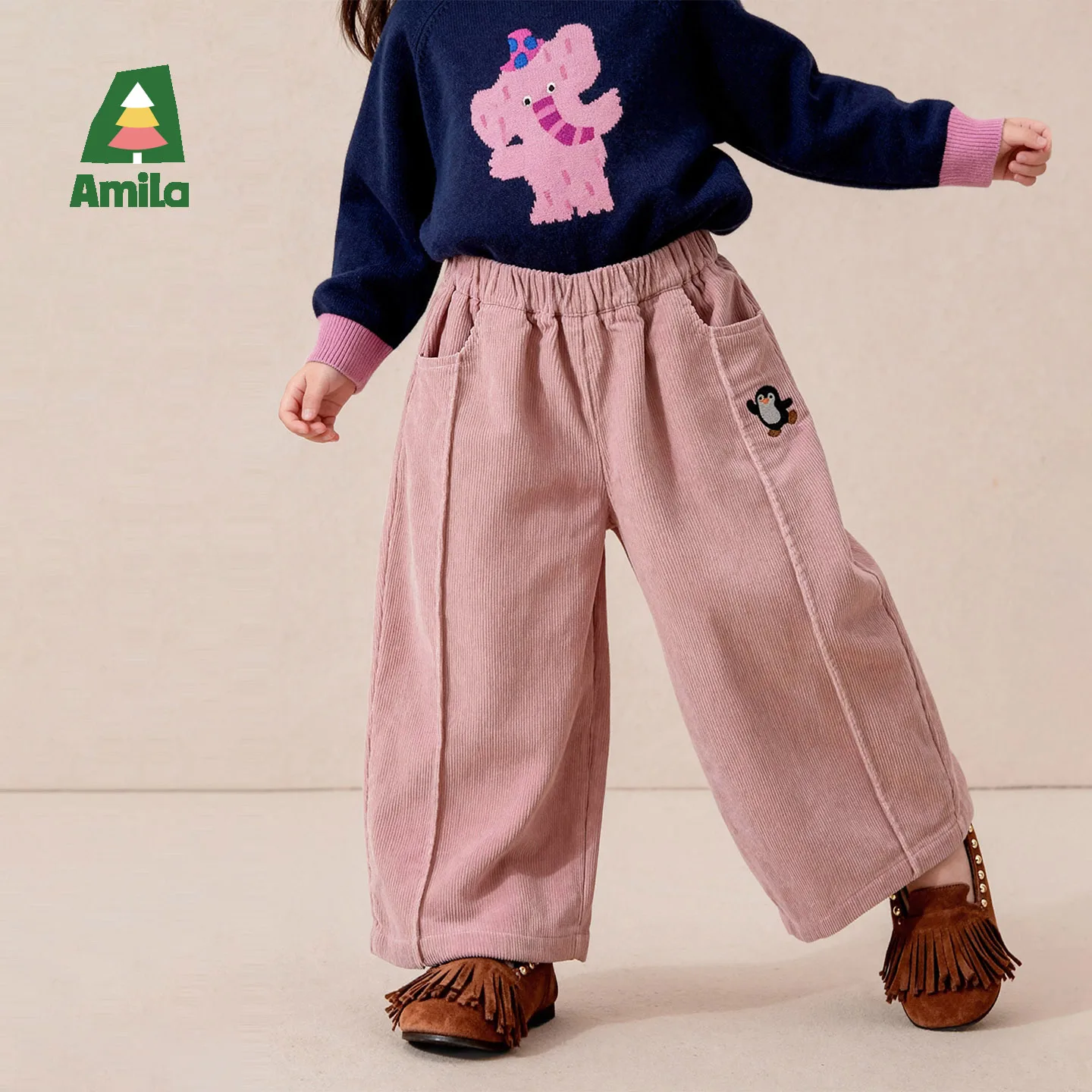 Amila 2026 Autumn New Kids Casual Long Pants Side Little Penguin Embellishment Vintage Cute Atmosphere Versatile Pants