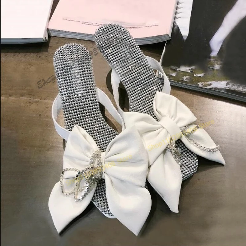 

White Crystal Butterfly Knot Slippers Flip Flop Square Toe Kitten Heel Buckle Strap Women Shoes 2023 Fashion Zapatos Para Mujere