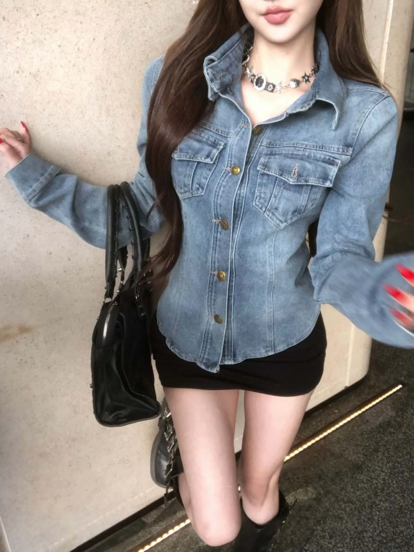 미국 슬림핏 칼라 롱 슬리브 데님 셔츠 여성용 허리 조임 자켓 슬림 오픈 가디건 탑