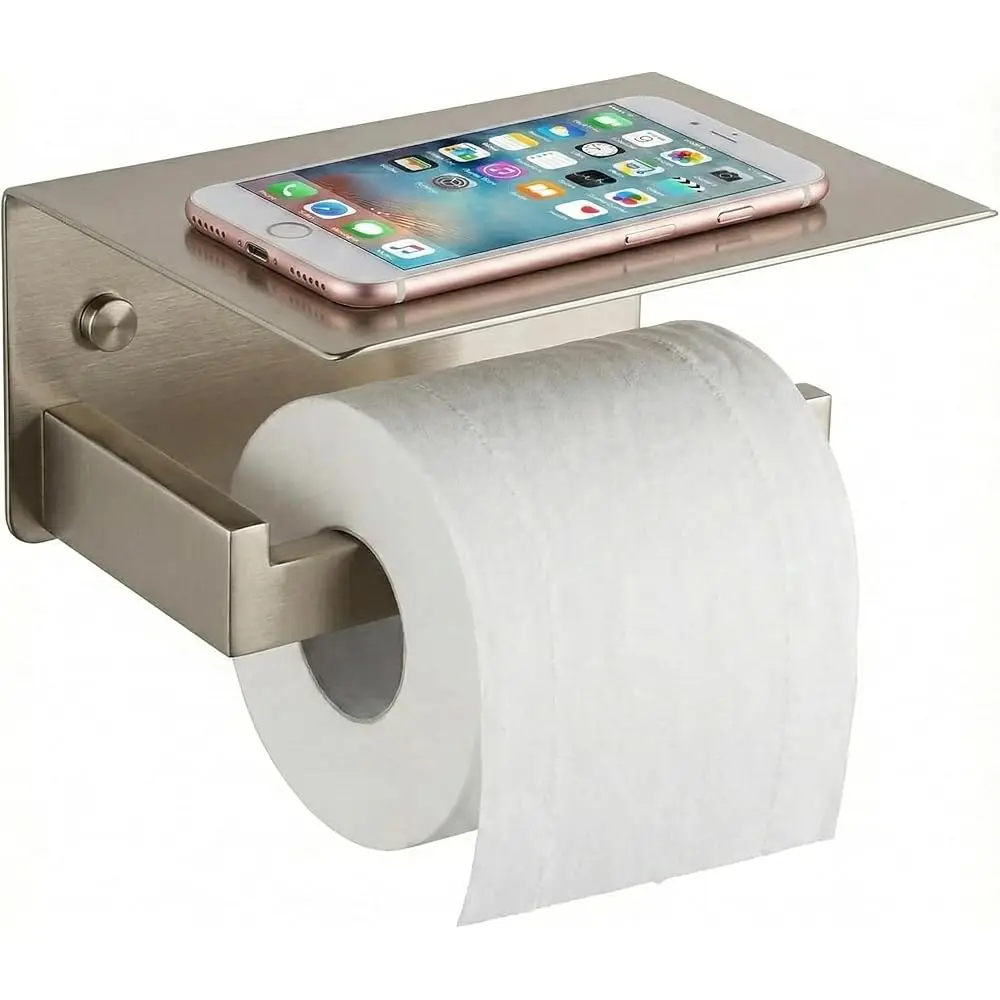 

Free Shipping-Toilet Paper Holder with Phone Shelf, SUS304 Stainless Steel Wall Mount Tissue Dispenser for Double Rolls (Brushed
