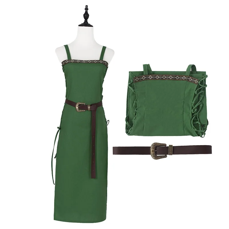 

Medieval cosplay vintage Viking dress vintage apron belt green Halloween party suspender carnival