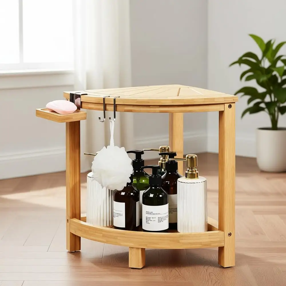 

Двухуровневая бамбуковая подставка для душа с водонепроницаемой сидушкой, полкой для хранения и мыльницей, нескользящая подставка для ног (натуральный цвет)