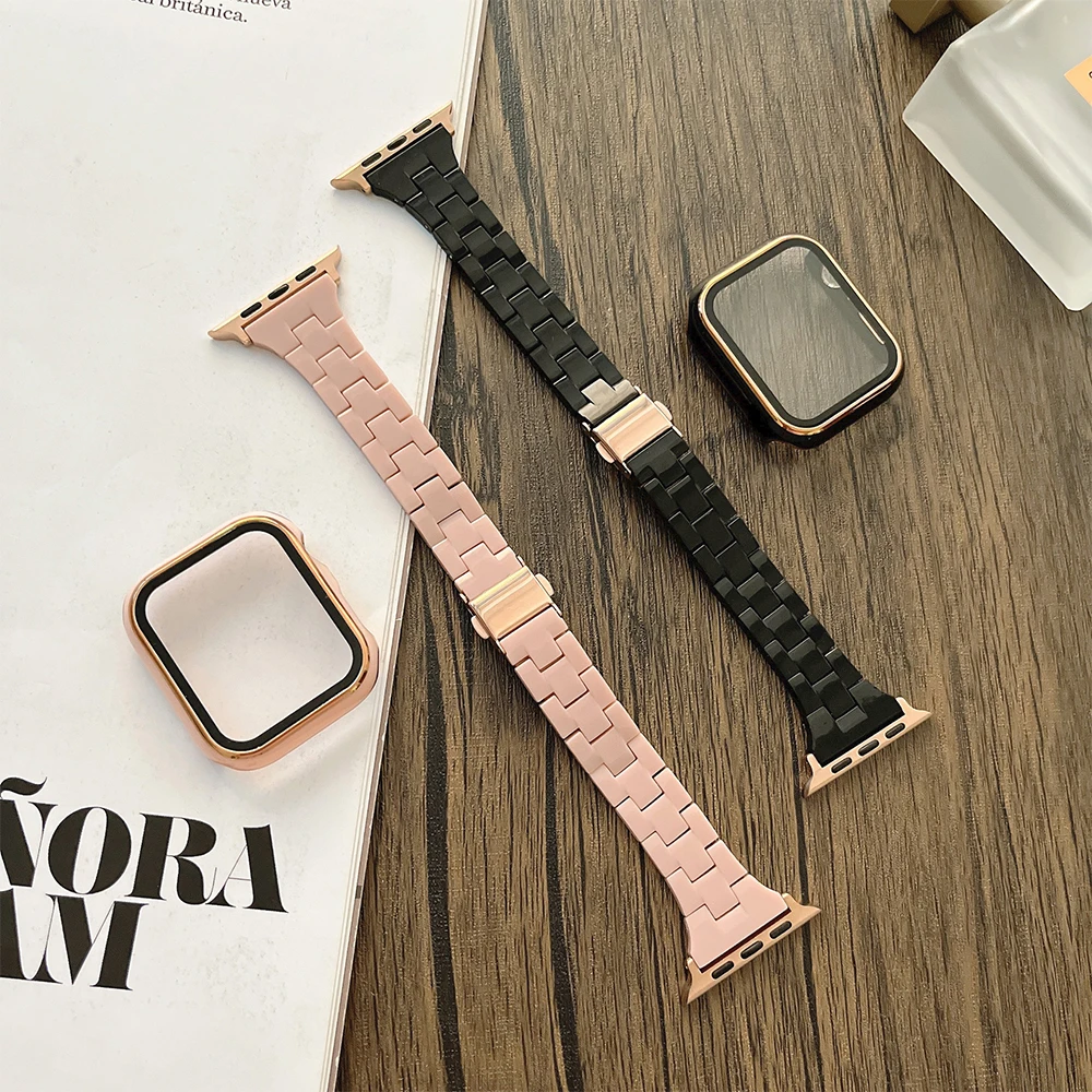 

Resin Strap+Cover For Apple Watch 45mm 41mm 44mm40mm 42mm38mm Smart Watch Replacement Bracelet Wristband for iWatch 87654SE Case