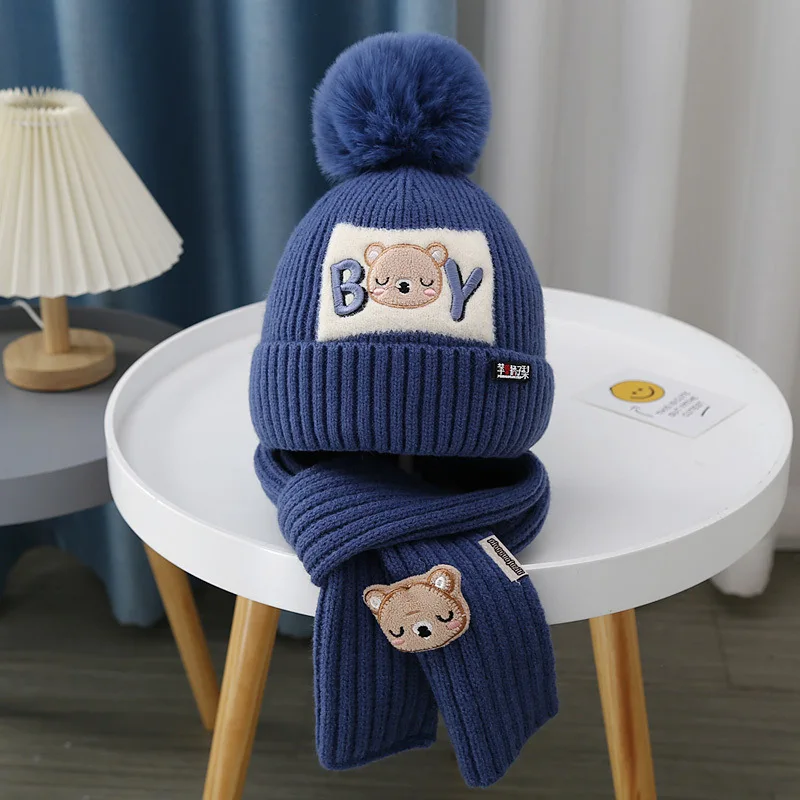 Gorro para bebé, bufanda, 2 unidades/juego, bonito gorro cálido de invierno con pompón, gorro de ganchillo con oso de dibujos animados para niños y niñas, bufandas, cubiertas para el cuello al aire libre