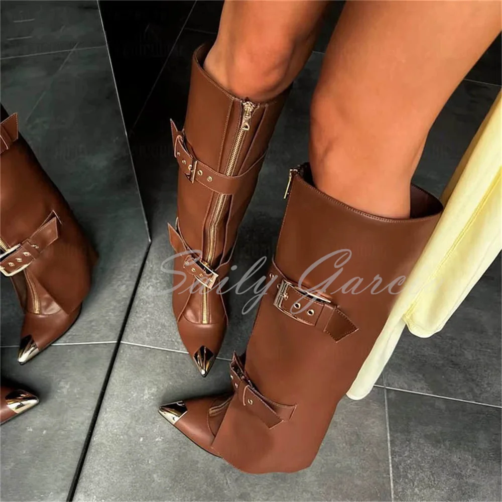 

Gold Metal Toe Knee High Boot Women Pointed Toe Stiletto Heel Front Zipper Buckle Strap 2025 Winter New Solid Color Long Boot