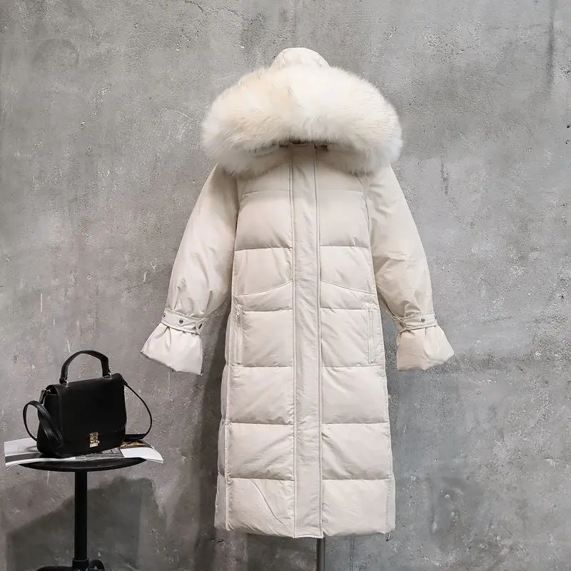 

Thickened Warm Down Coat For Women 2022 Winter New Large Fur Collar Long Over-The-Knee Down Jacket Female Solid Soft Puffer