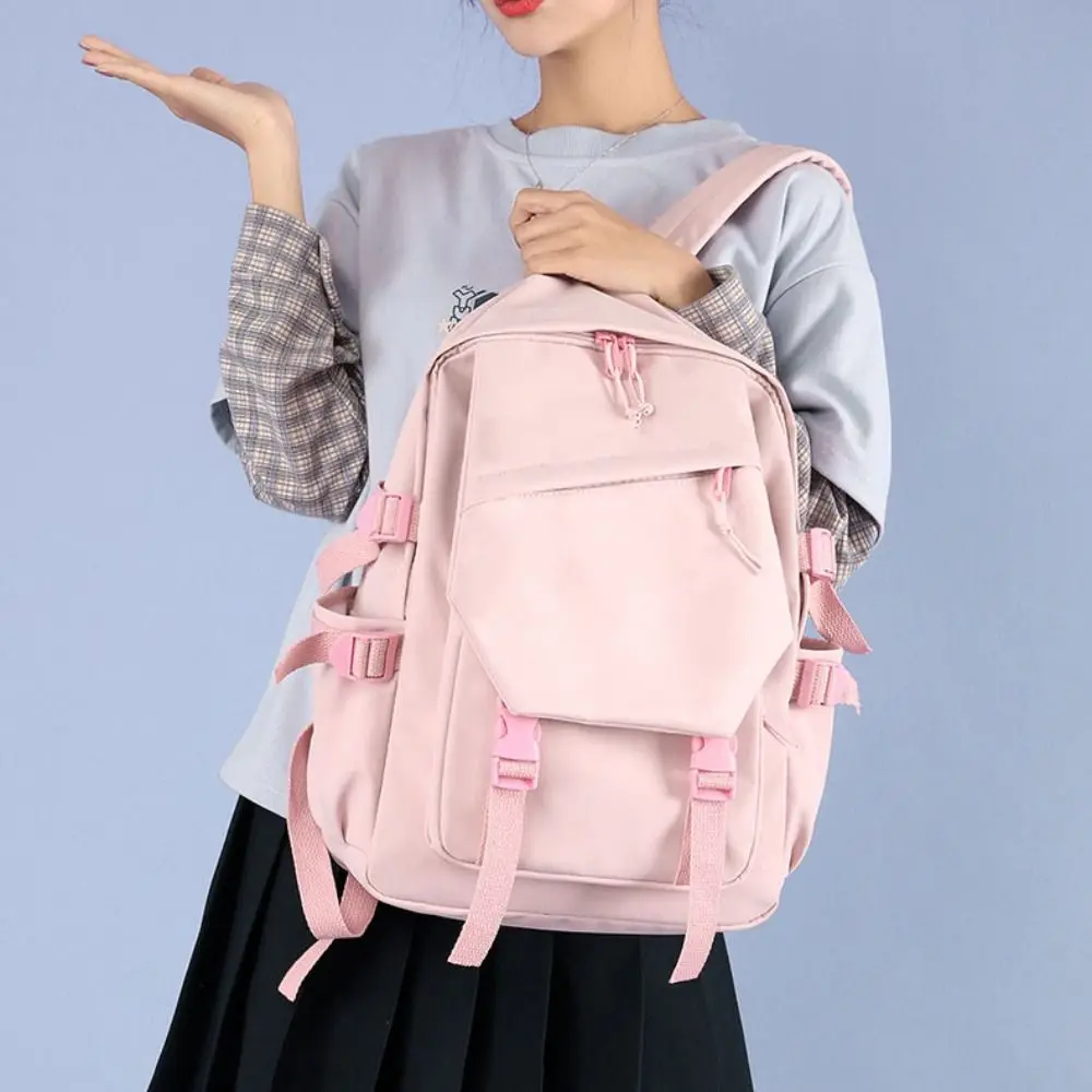 Multi-Function Nylon Backpack Solid Color Large Capacity Women Shoulder Bag Korean Style Adjustable Students Schoolbag Travel