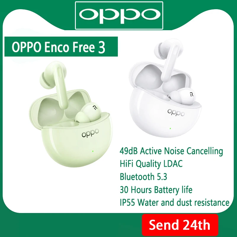 Original OPPO Enco Free 3 TWS Wirelss Bluetooth Earphone 49dB Active Noise Cancelling HiFi Quality LDAC Bluetooth 5.3