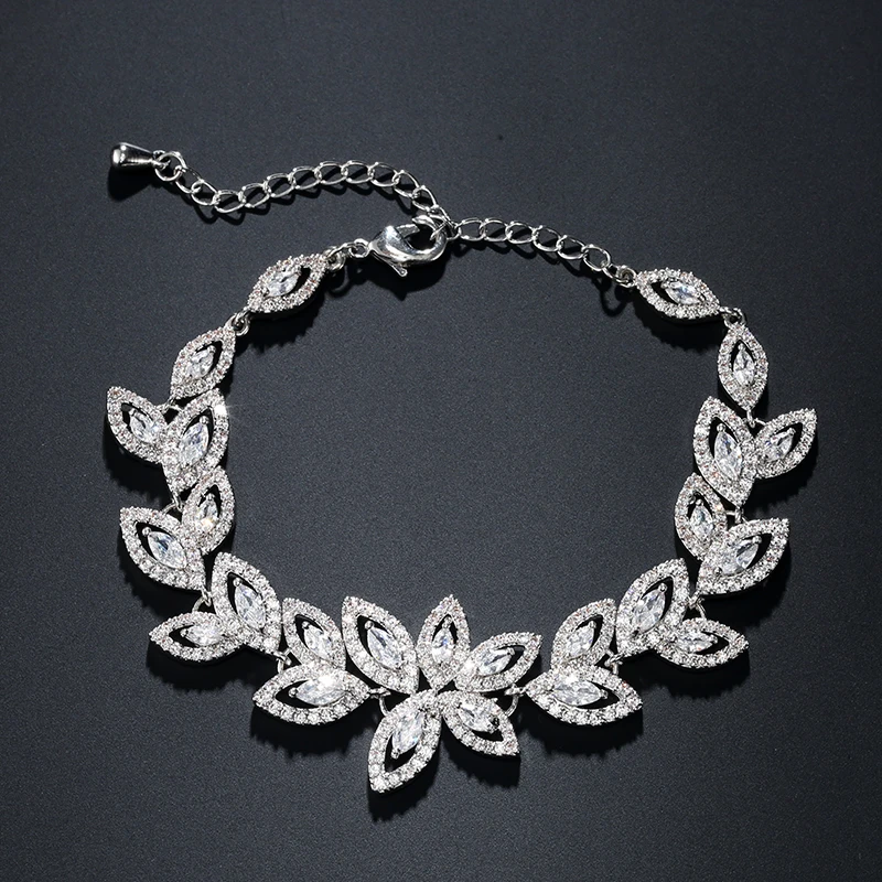 ZAKOL Brand Shiny Buling Micropaved Zirconia Leaf Long Earrings Chain Bracelet Charm Wedding Jewelry Set For Women