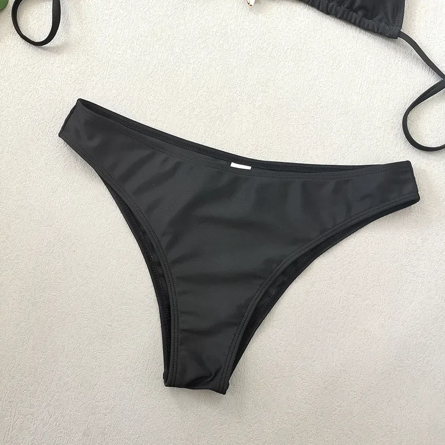 2025 New Women's Pure Color Black Bikini Set Starfish Decoration 2 Piece Swimsuit Sexy Triangle Halter Backless Beach Swimwear