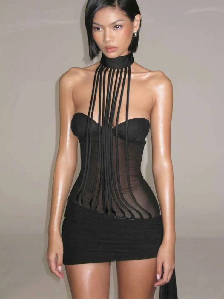 Kliou Sexy Mesh Patchwork Mini Dress Woman Halter Hollow Tassel Long Ribbon Decoration Skinny Peach Buttocks Club Party Bodycon