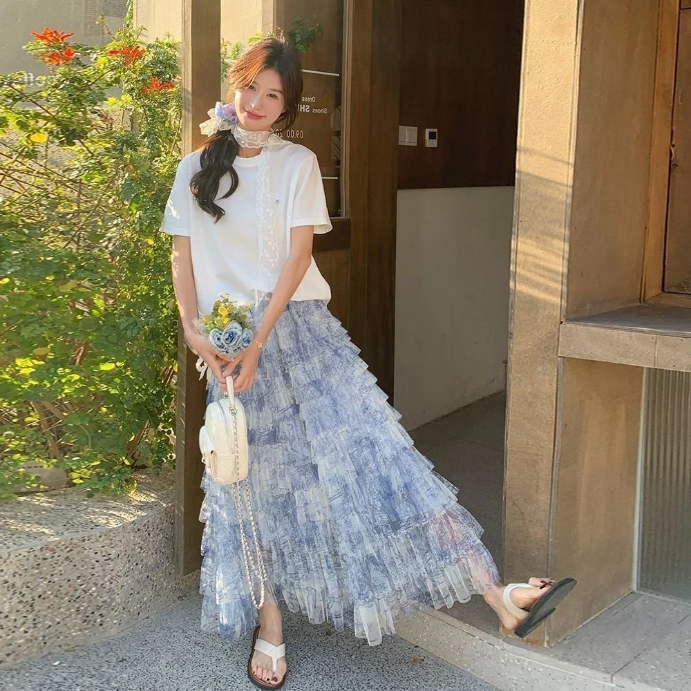กระโปรงทรงเค้กเอวสูงย้อมสี Me Fairy ทรงสลิมมิ่งสำหรับฤดูร้อน กระโปรงยาวปานกลางสไตล์เกาหลีสำหรับผู้หญิง ผลิตจากเส้นใยโพลีเอสเตอร์