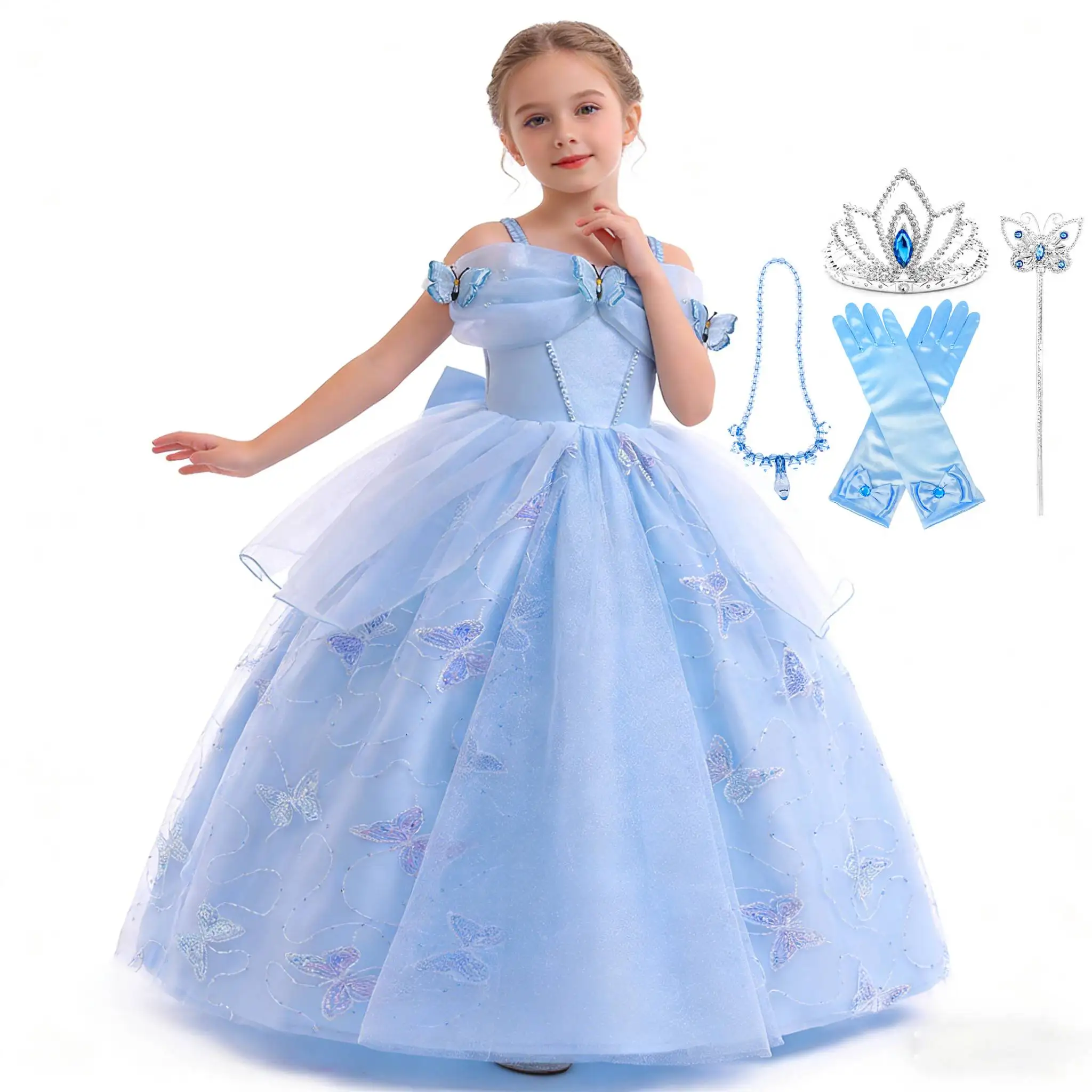 Girls' Cinderella Princess Costume with Crown Birthday Party Cosplay Dress up Halloween Performance Gown Kids' Clothing