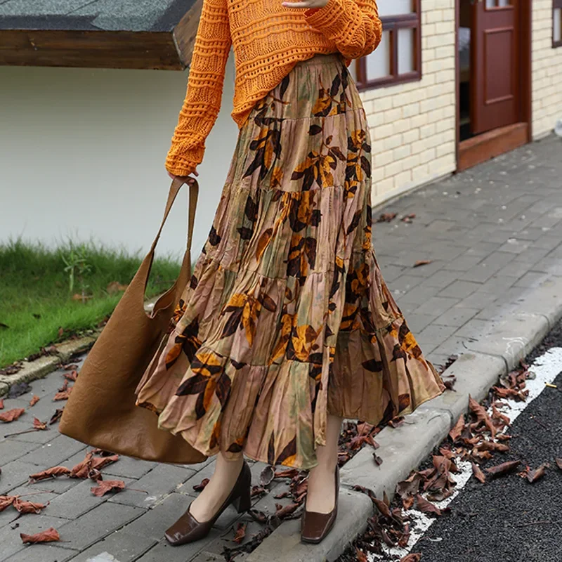 

Retro Printing Pleated Big Swing A Line Skirt for Women, Early Autumn New High-waisted and Thin Temperament Vacation Skirt