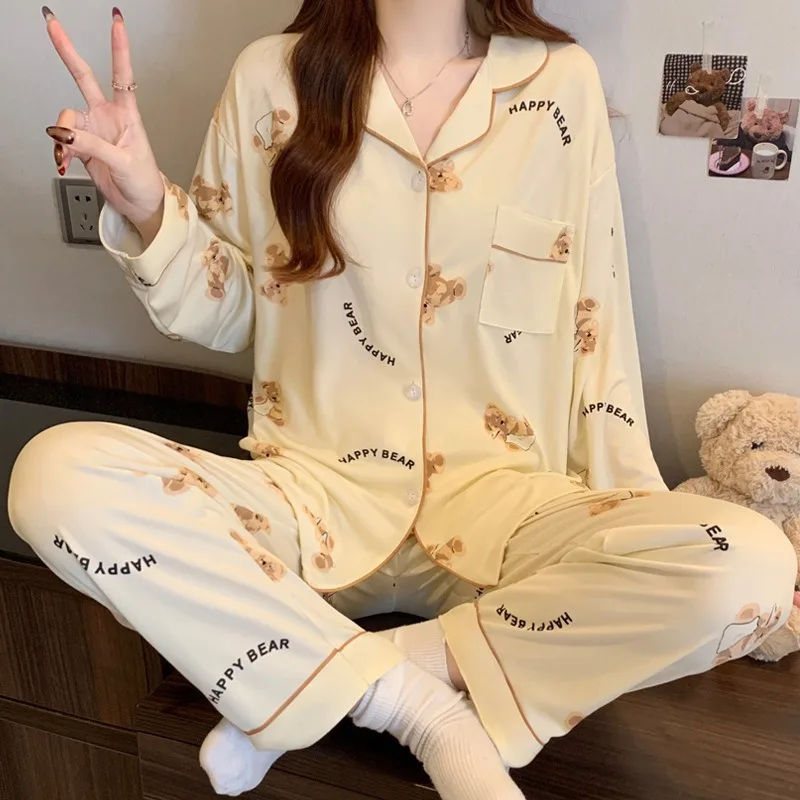 

﻿ Four Season Sleepwear Women Pajamas Cute Cartoon Letter Bear Long Sleeve Thin Student Loungewear Cardigan Lapel Top Trousers