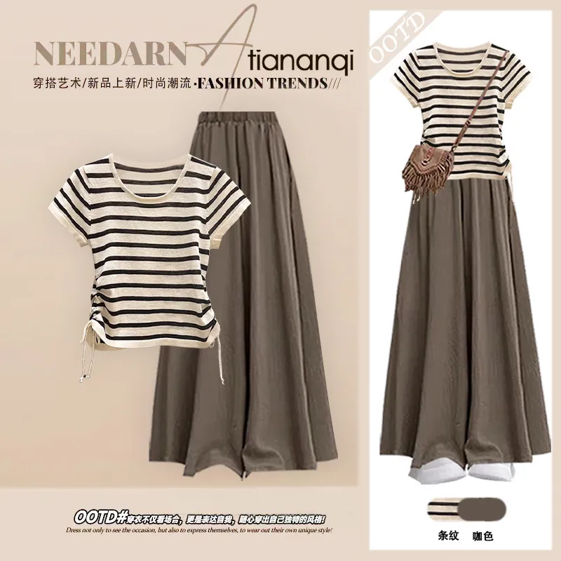 Summer Korean Style Set with Age Reducing Striped Short Sleeved T-shirt and Slimming Casual Wide Leg Pants Two Piece Set