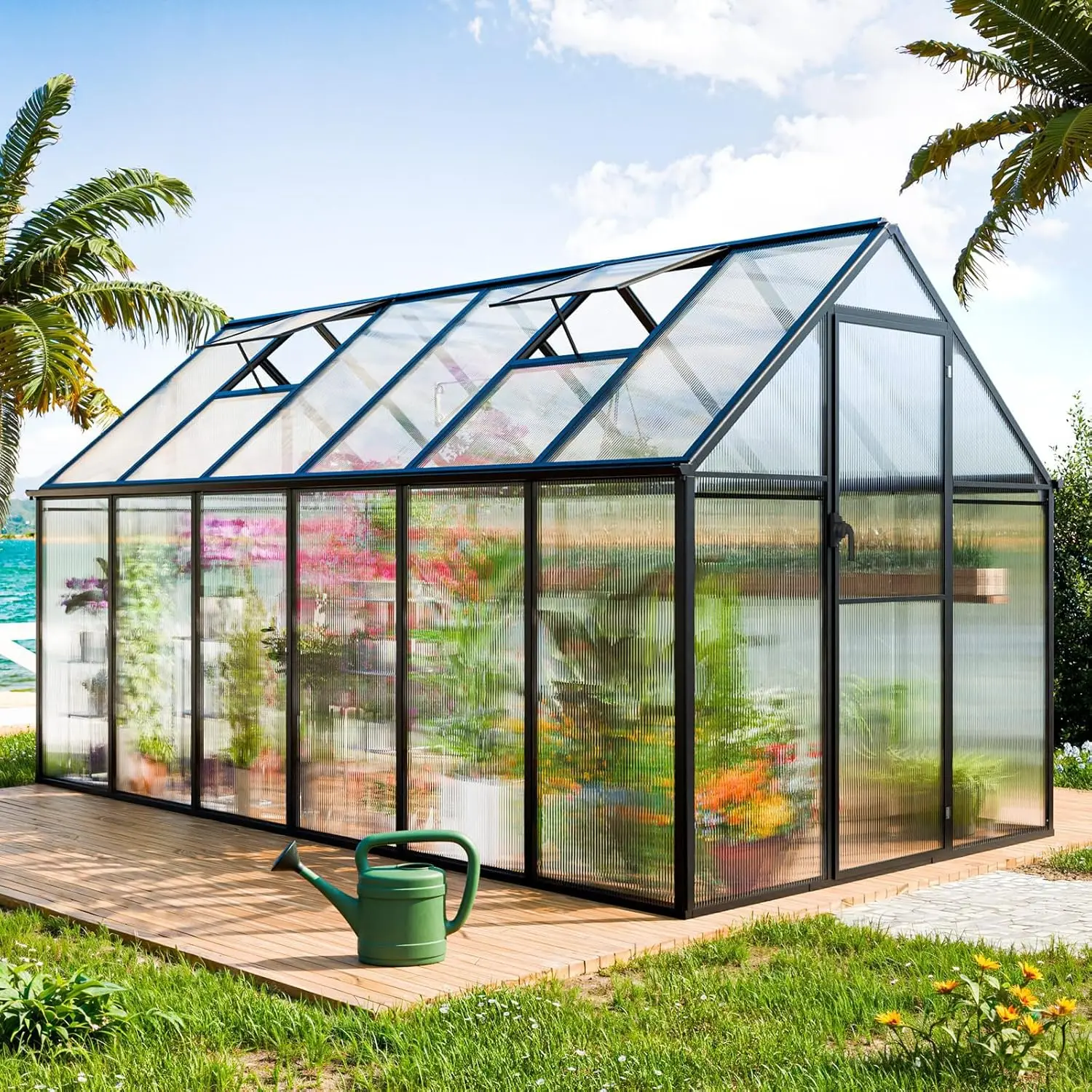 6x12 FT Easy Assembly Hybrid Polycarbonate Greenhouses for Outdoors w/Vent Window & Swing Door Walk-in Greenhouses