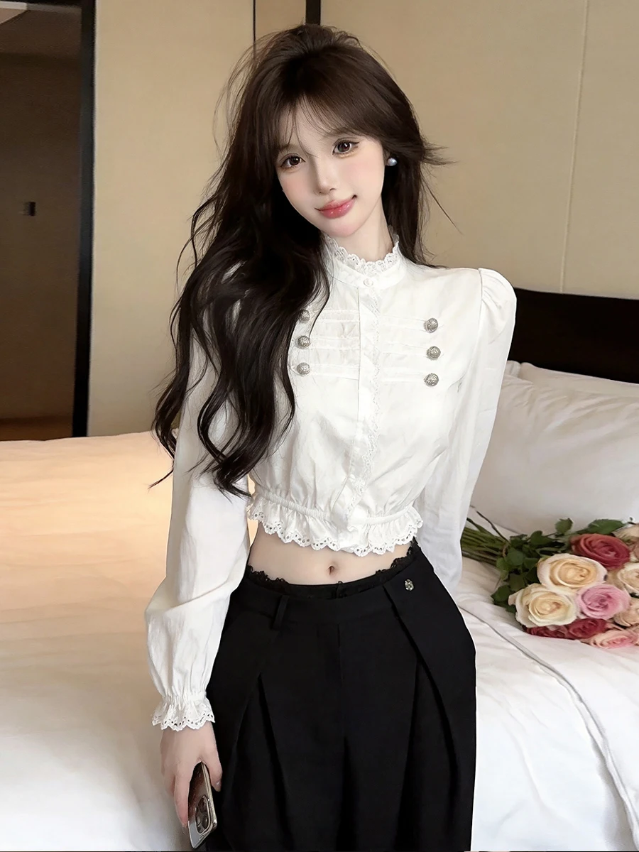 Retro Pure Desire Lace Trim Shirt Women's Slim Fit Short Crop Top Long Sleeve Stand Collar Vintage Style Universal Size ...