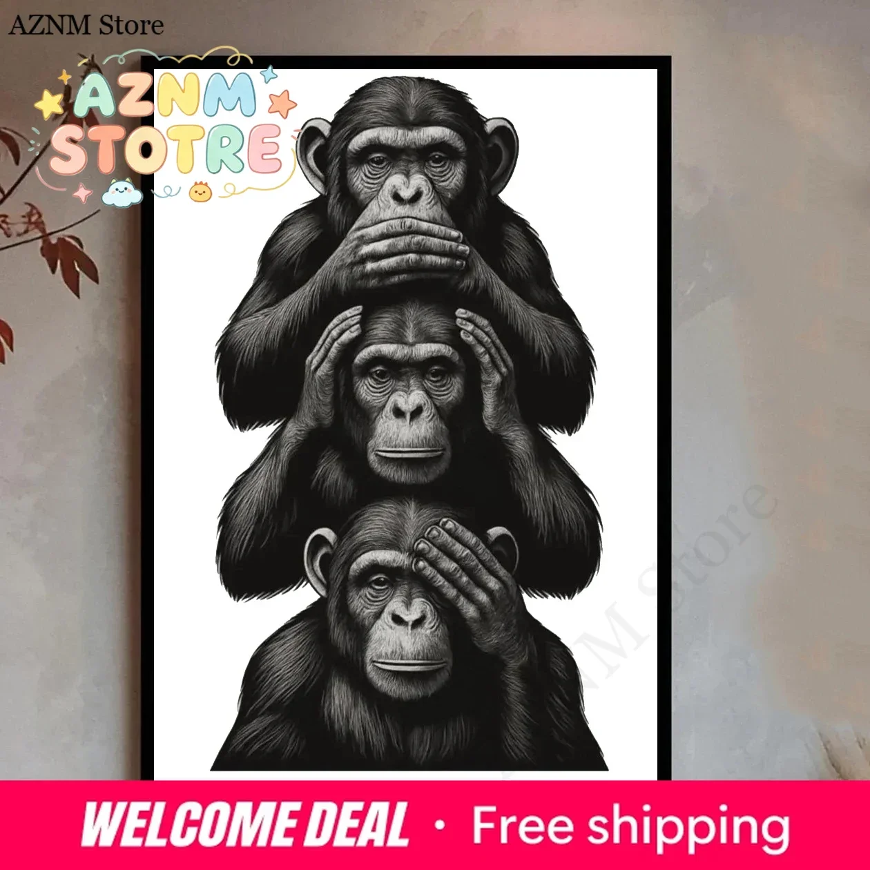 Three Wise Monkeys Wall Art, See No Evil Hear No Evil Speak No Evil Poster, Black and White Illustration, Printable Animal De