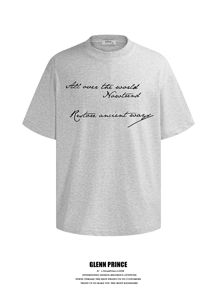 

GPstudio American Retro Letter Print Heavyweight Short Sleeve Men's T-shirt Summer Loose Casual Couple's Tee Cotton 100%