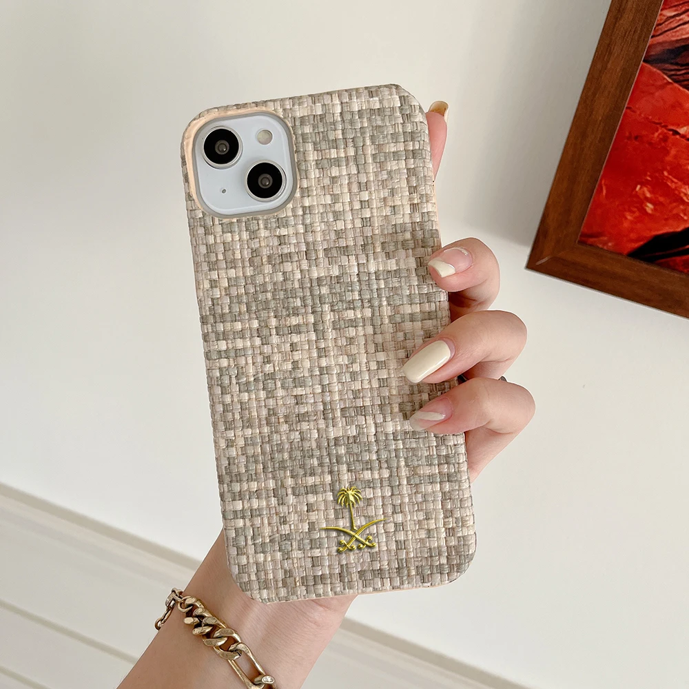 Luxury relief woven pattern 3D metal coconut tree Phone Cover Case For Iphone 15 14 13 12 11 pro max leather hard Coque Fundas
