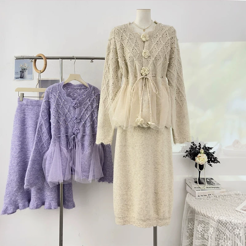 Beaded Floral Knit Cardigan for Women Autumn Hollow Out Splice High Waist A-Line Skirt Solid Color Slim Elegant 2-Piece Outfit